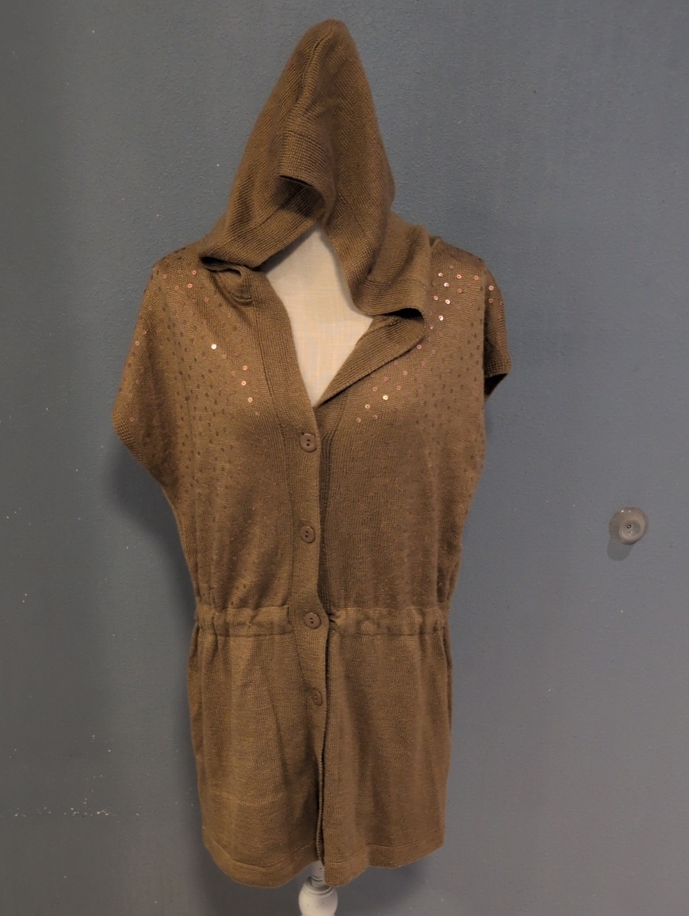 YagCouture Boho Sequin Wool Blend Hooded Short Sleeve Button Down Ruched Sweater